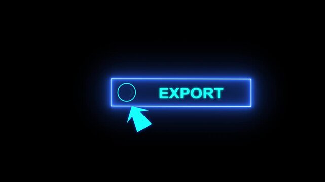 Glowing neon blue color white text cursor animation pointing towards export button in looping with transparent background.