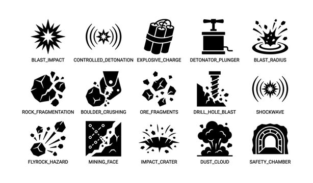 Mining and blasting icons arranged in grid on white background