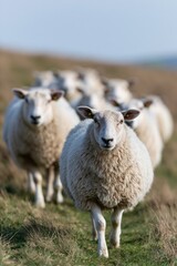 Fototapeta premium White sheep walking along grassy path in open pastureland