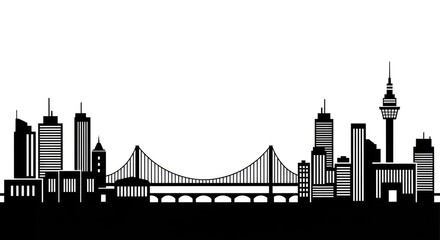 Naklejka premium City skyline with suspension bridge.