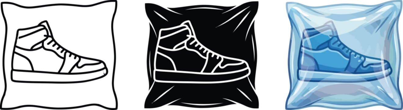 Collection of sneaker icons in protective packaging flat design for e-commerce and fashion isolated on white