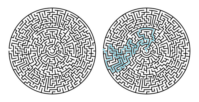 Circular maze labyrinth puzzle with solution path