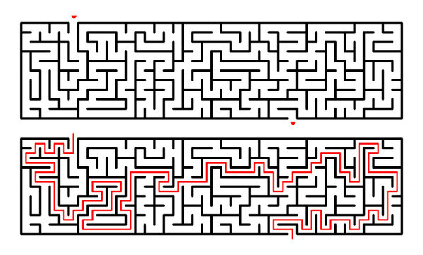 Horizontal rectangular maze labyrinth puzzle with solution path
