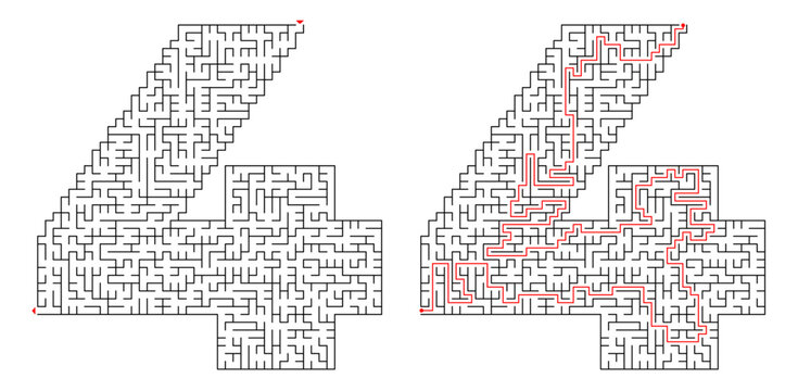 Number four shape maze labyrinth puzzle with solution path