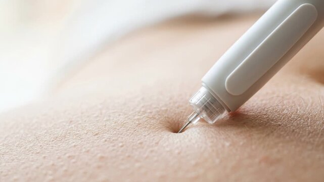 Close up GLP 1 injection device on skin with copy space, weight loss treatment and medical wellness concept.