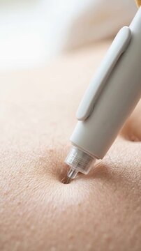 Macro close up of GLP 1 injection pen touching skin surface, weight loss treatment and medical wellness concept.