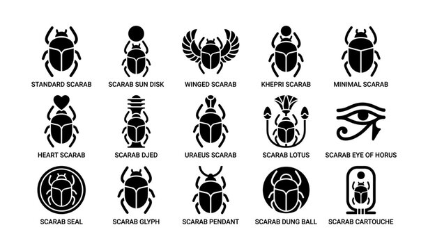 Set of scarab and egyptian symbol icons arranged in grid