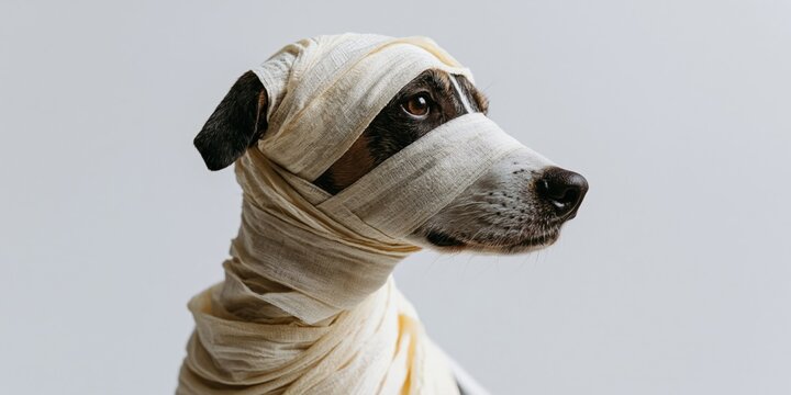 Dog wrapped in bandages sitting against plain studio background