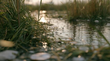 Fototapeta premium Close-up of a small puddle of water in a grassy area. the water is still and reflects the sunlight, creating a mirror-like effect on the surface.