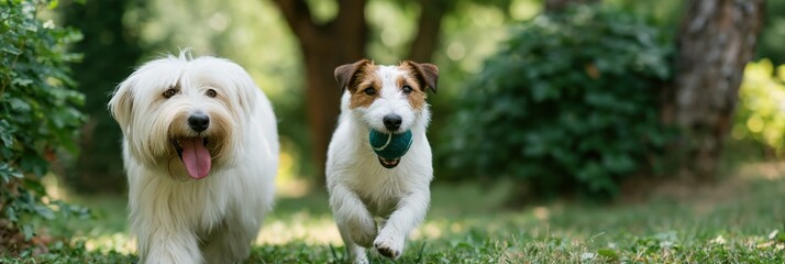 Fototapeta premium Two dogs running with ball through green park trail