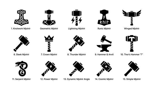 Mjolnir hammer icon variations arranged in grid on white background