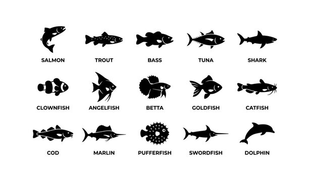 Marine fish icons displayed in rows on white background