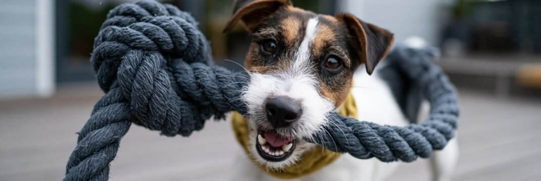 Jack russell terrier pulling rope toy on patio deck