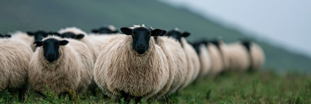 Sheep aligned facing camera on sloping green hill pasture landscape