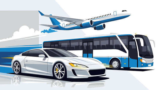 A sleek white sports car, a modern blue and white bus, and a blue and white airplane are depicted in a dynamic composition, symbolizing various modes of transportation.