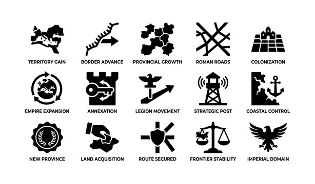 Roman expansion and conquest icons arranged on white background