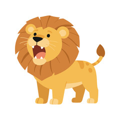 Obraz premium Cartoon lion with an open mouth and fluffy mane standing on four legs in a vector illustration