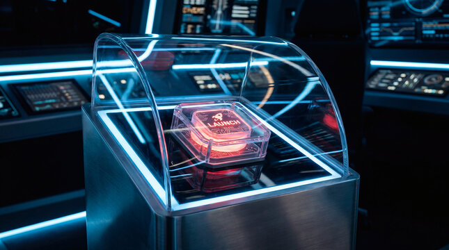 Futuristic Rocket Launch Button in Sci-Fi Command Center