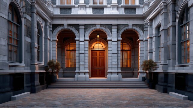 Classical building entrance with arched windows and wooden front door