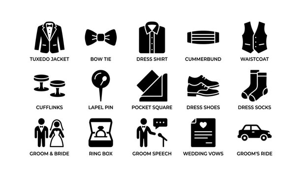 Wedding attire and ceremony icons displayed on white background