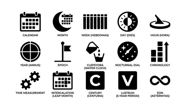 Calendar and time period icons arranged in grid on white background