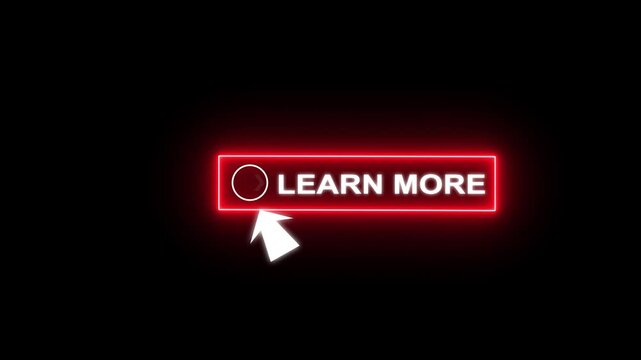 Glowing neon blue color white text cursor animation pointing towards read more button in looping with transparent background.