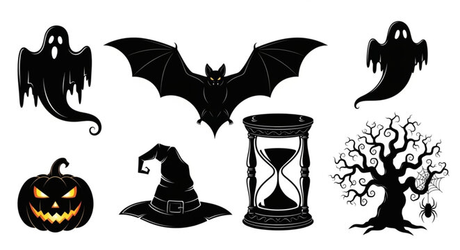 Black Halloween icons on white.