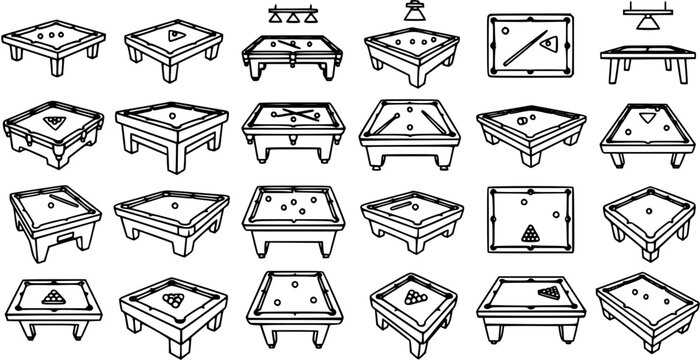 Billiard and Pool Tables Line Art Icons Set. Sports and Recreation Outline Vector Glyphs for Snooker, Game Room, and Leisure Activities.