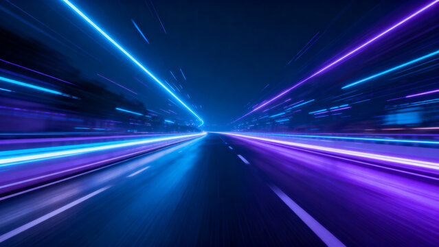 Panoramic high speed technology concept showing dynamic abstract background with fast motion road effect, vibrant neon blue and purple glow, futuristic digital interface design for website application