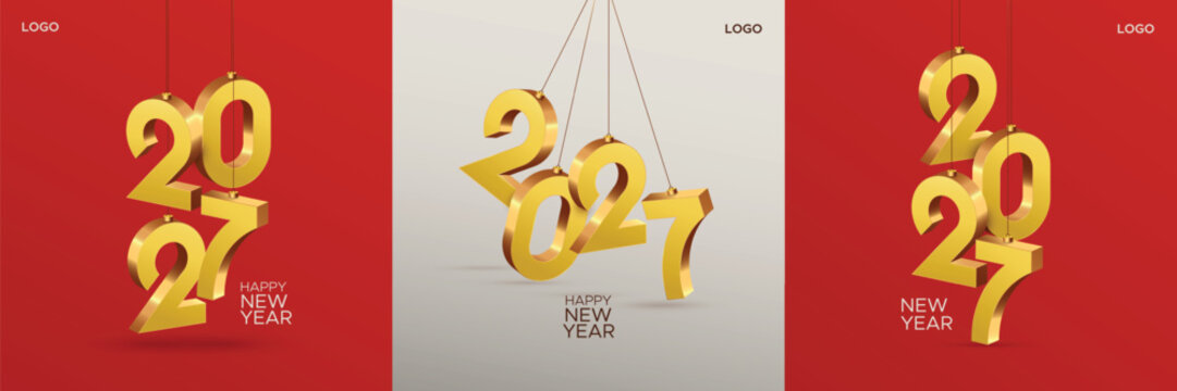 Luxury Golden 3D Hanging 2027 New Year Design on Red Background