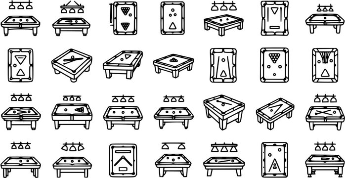 Billiard and Pool Table Line Art Icons Set for Sports, Recreation, and Entertainment