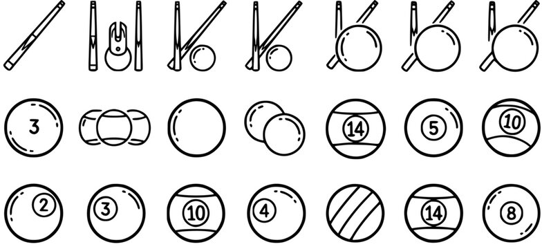 Billiards and Pool Game Outline Icons Set. Black and White Line Art depicting Cue Sticks, Racks, and Numbered, Striped, and Solid Balls for Sport.