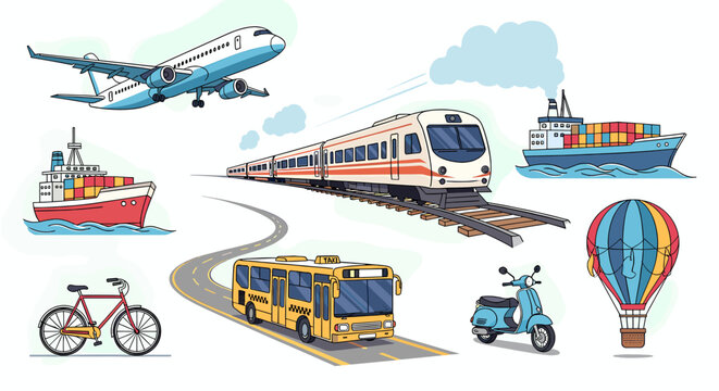 A vibrant illustration showcasing various modes of transportation including an airplane, train, bus, bicycle, scooter, hot air balloon, and cargo ships.