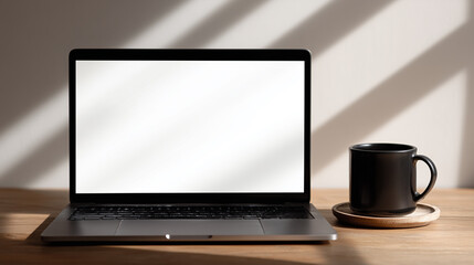 Fototapeta premium A silver portable notebook computer with an open screen and black keyboard sits on an office desktop next to a cup of coffee for business communication