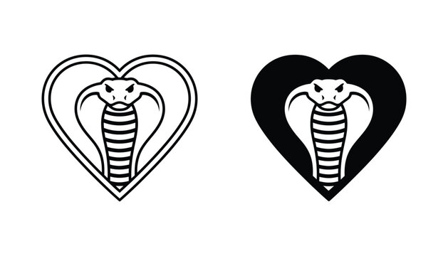 Fierce cobra snake head centered inside a heart shape symbol rendered in both outline and solid black silhouette for bold emblem designs