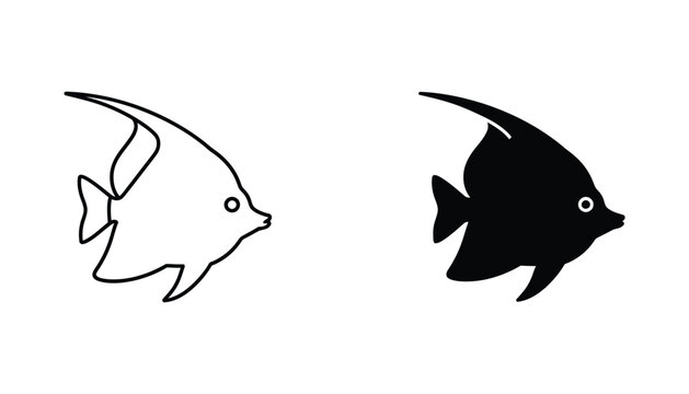 Exotic angelfish swimming side profile illustrated in both clean outline and solid black silhouette styles for marine life design projects
