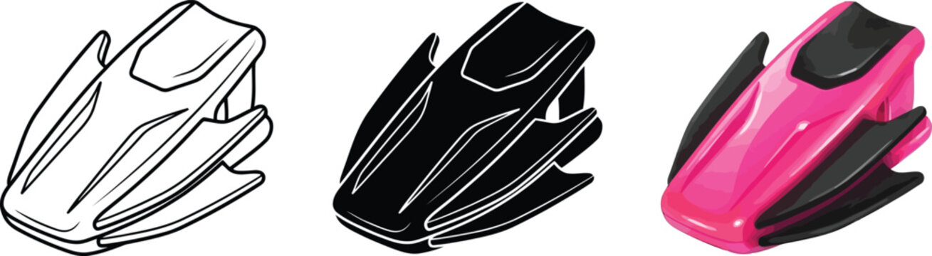 Set of sled icons including line art silhouette and color versions for winter sports and recreation isolated on white