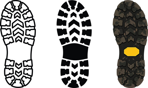 Set of boot sole prints including outline solid black and muddy Vibram sole representing outdoor footwear and traction
