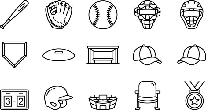 Baseball equipment icons including bat glove ball helmet and stadium isolated on transparent background