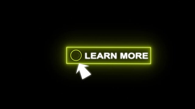 Glowing neon blue color white text cursor animation pointing towards read more button in looping with transparent background.