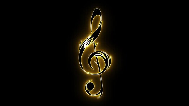 Treble clef art. Music symbol glow. Tribal music design. Neon musical note. Artistic clef. Musical logo. G clef illustration. Creative sound art. Yellow neon sign. Music tattoo style.