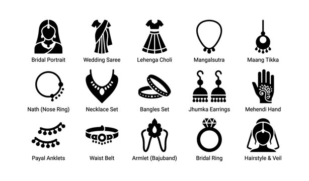 South asian bridal icons showing wedding attire and jewelry