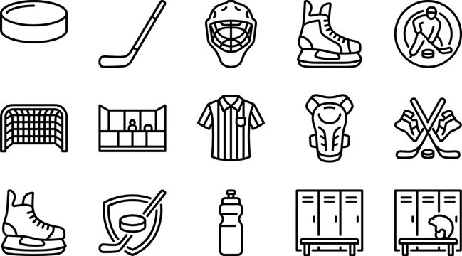 Collection of hockey equipment icons including stick puck helmet isolated on transparent background