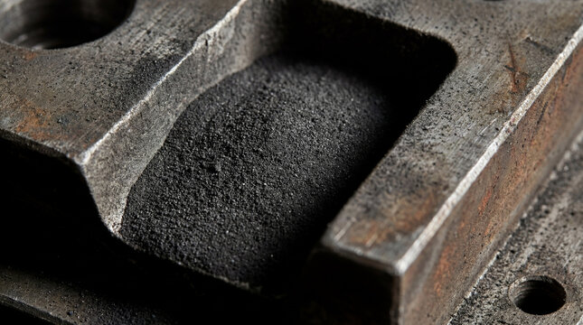 Macro shot of fine black metal powder in a weathered industrial mold, raw material for additive manufacturing and metallurgy, industrial prototyping concept, weathered texture, generative AI