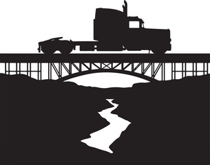 Obraz premium Truck crossing bridge in silhouette against white background Generative Ai