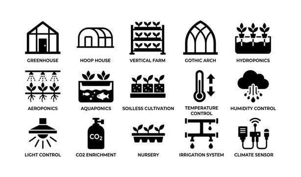 Greenhouse and hydroponics icons arranged on white background