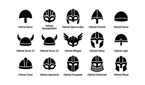 Helmet icons showing various historical and modern styles in grid