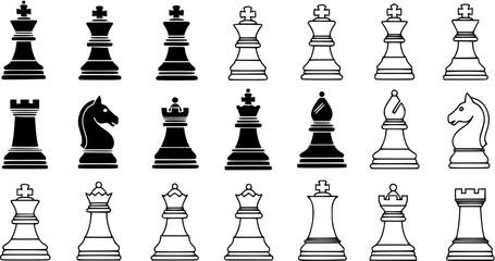 Black and White Chess Pieces Icon Set. Detailed Line Art and Silhouette Glyphs for Strategy Board Games, Gaming, and Digital Interfaces. © pixsource