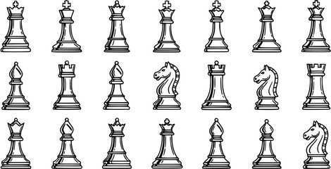 Black and White Line Art Chess Pieces Icon Set for Strategy Board Games. Featuring King, Queen, Rook, Bishop, Knight, and Pawn. © pixsource