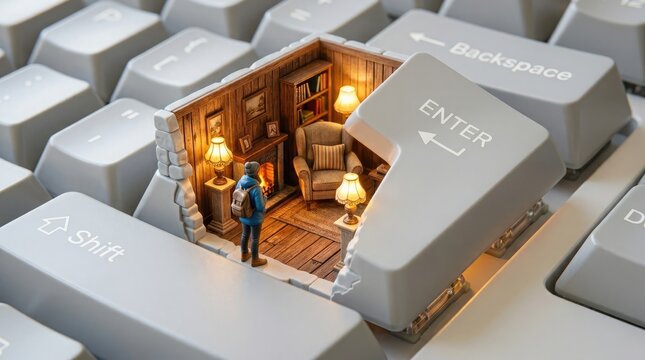 A person stands in a cozy living room cut out of a computer keyboard